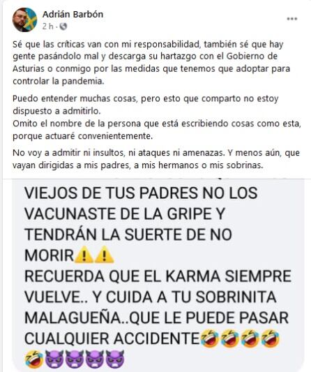 Publicación de Adrián Barbón en Facebook.