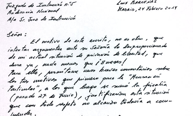 Carta de Luis Bárcenas al juiez Ruz a la que ha tenido acceso la Cadena SER