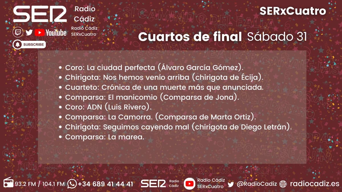 COAC 2026, en directo: sigue la segunda sesión de Cuartos de Final de este sábado, 31 de enero, en Radio Cádiz