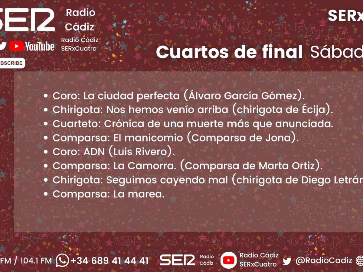 Quién canta hoy en el COAC 2026: orden de actuación de la segunda sesión de Cuartos de Final
