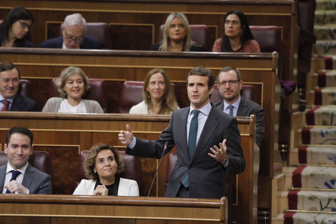 El presidente del Partido Popular, Pablo Casado, interviene en la sesión de control al Gobierno en el Congreso.