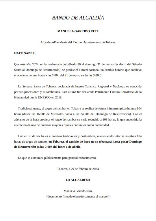 Bando municipal del Ayuntamiento de Tobarra con el cambio de hora