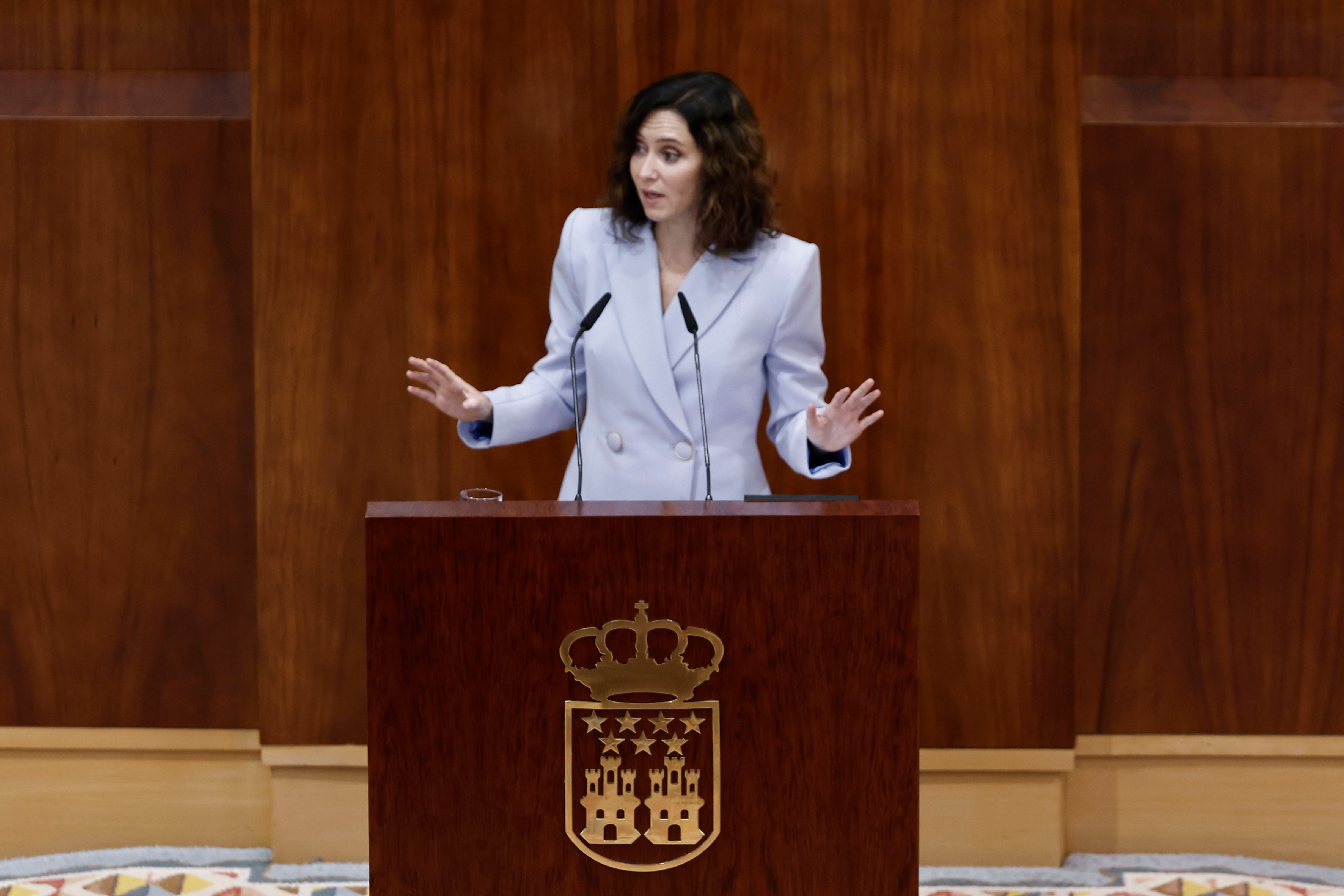MADRID, 11/09/2025.- La presidenta de la Comunidad de Madrid, Isabel Díaz Ayuso, interviene en el pleno de la Asamblea de Madrid que acoge la primera sesión del Debate del Estado de la Región, este jueves. EFE/ Sergio Perez
