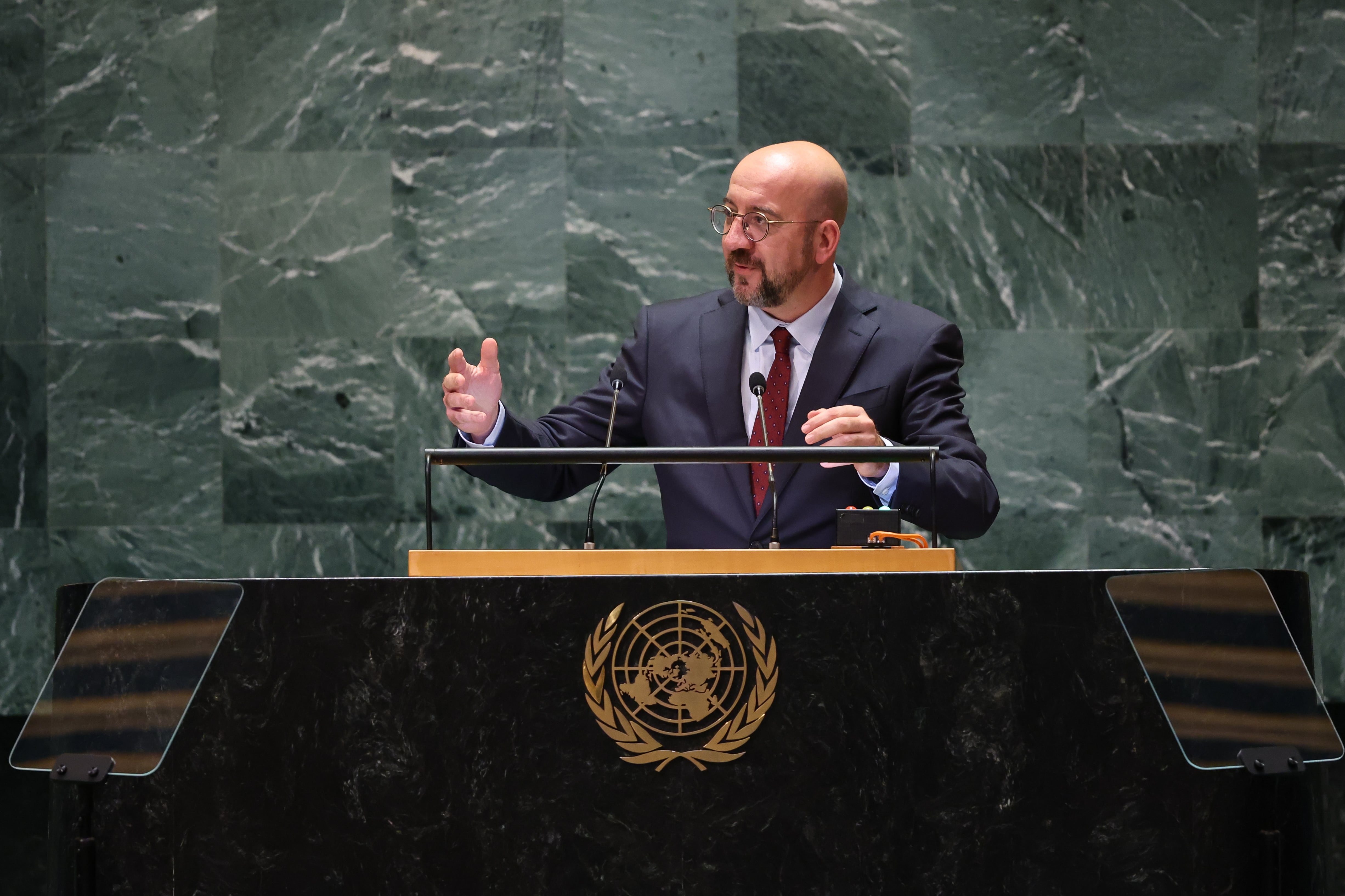 El presidente del Consejo Europeo, Charles Michel, durante su discurso ante la Asamblea General de la ONU.