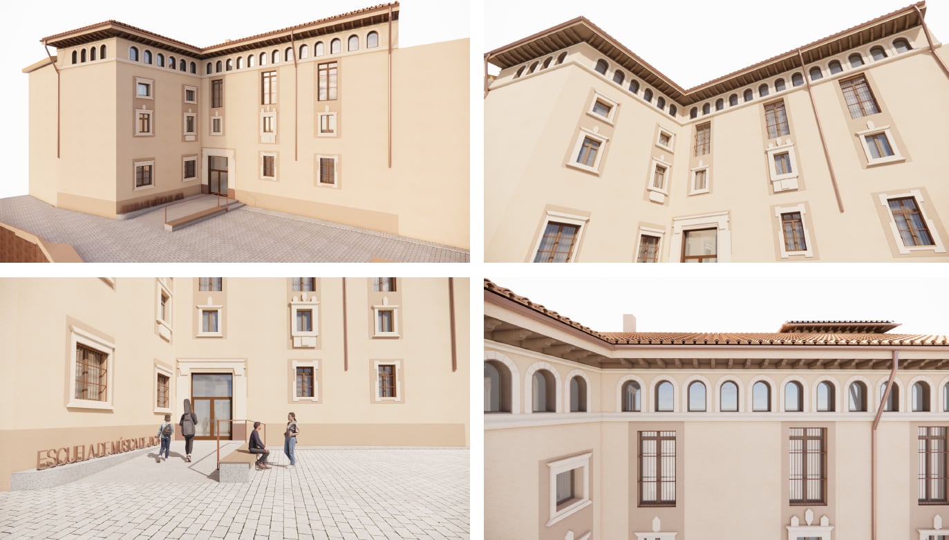 Recreación de la fachada principal de la Escuela de Música- antiguo hospital de Jaca