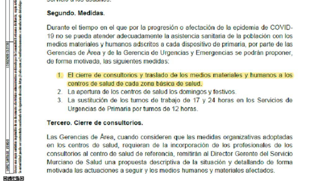 Detalle de la orden a la que ha tenido acceso Radio Murcia