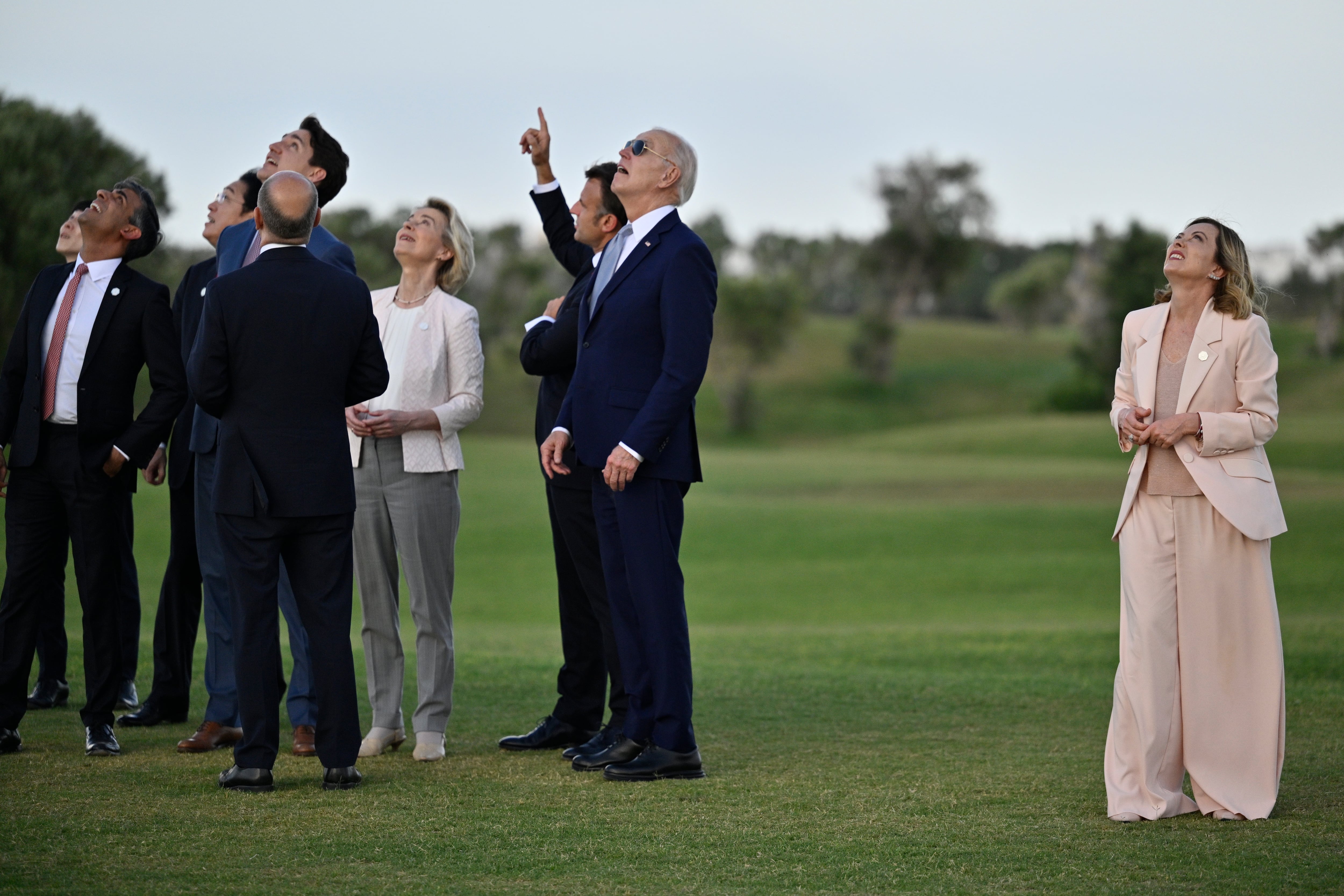 Olaf Scholz, Justin Trudeau, Emmanuel Macron, Giorgia Meloni, Joe Biden, Fumio Kishida, Rishi Sunak y Ursula von der Leyen