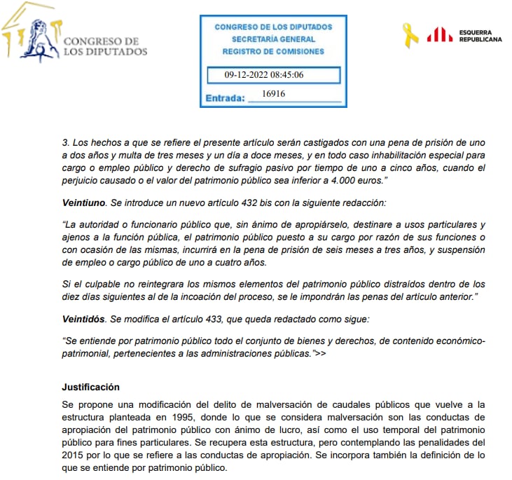 Esquerra presenta enmiendas a la reforma del Código Penal para evitar que se use la malversación con finalidad política y arbitraria contra el independentismo.