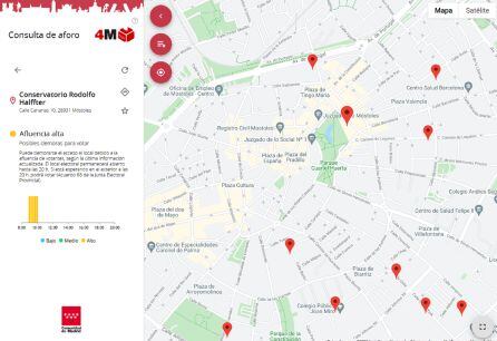 Vista web de los aforos de los colegios electorales de Móstoles a tiempo real. Puede consultarse el aforo de cualquier colegio de la región