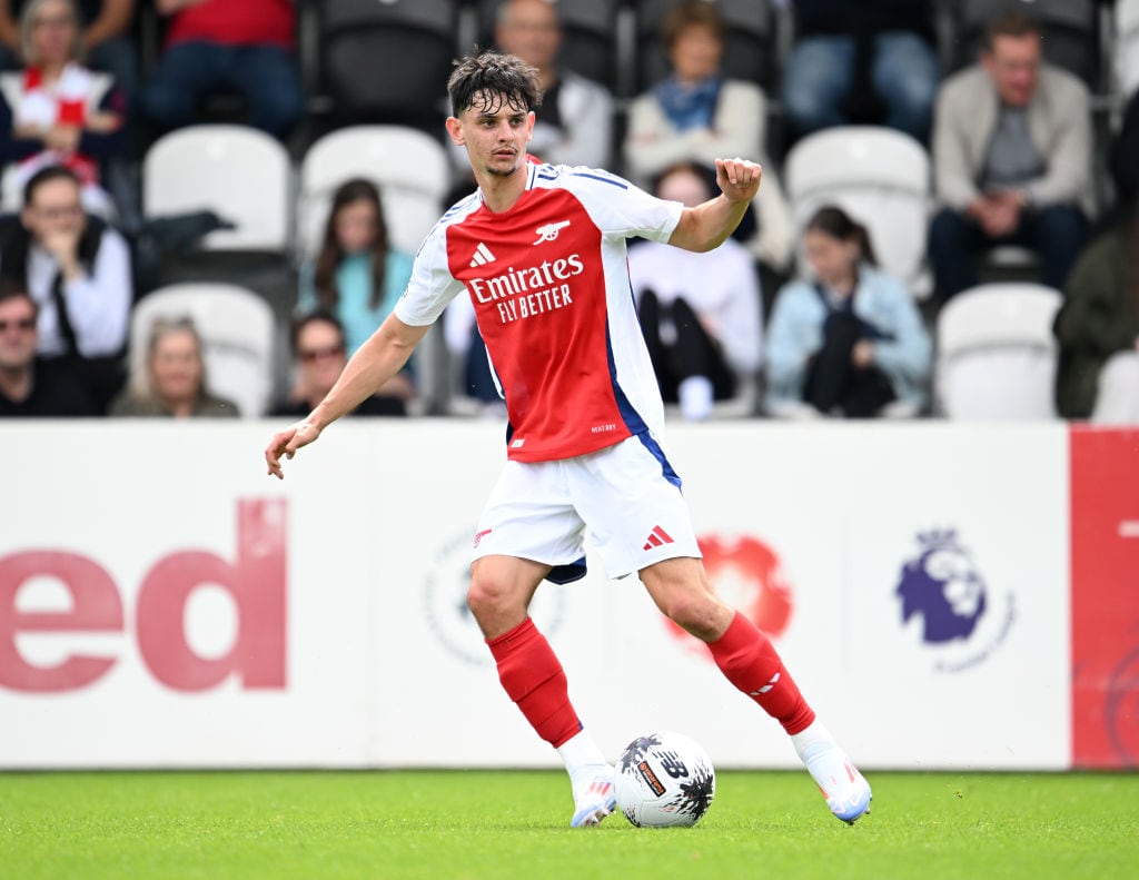 BOREHAMWOOD, ENGLAND - JULY 13: Charlie Patino of Arsenal during the pre season friendly between Boreham Wood and Arsenal XI at Meadow Park on July 13, 2024 in Borehamwood, England.  (Photo by David Price/Arsenal FC via Getty Images)