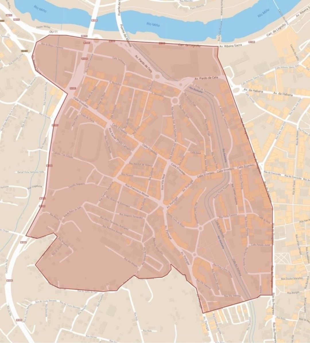 Mapa de la zona bajo restricciones delimitada por Sanidade