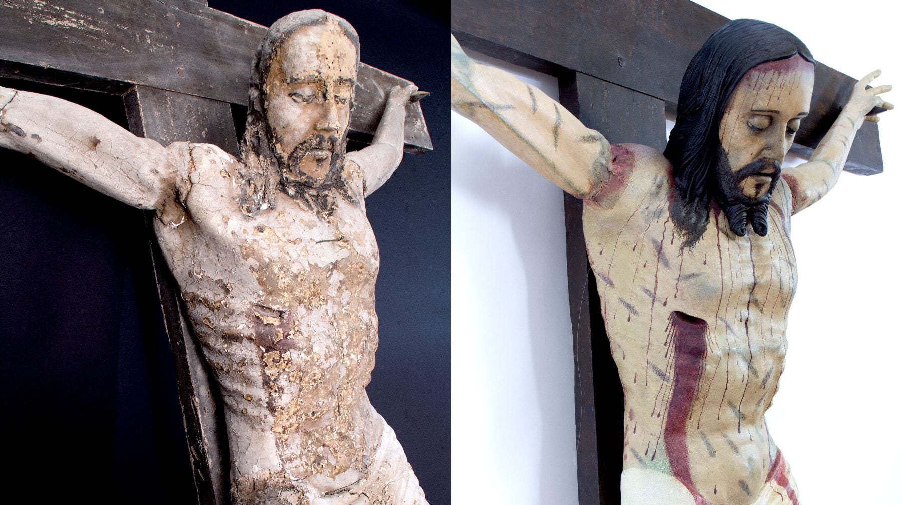 El antes y el después de la restauración del Cristo de caña de maíz de Torralba.