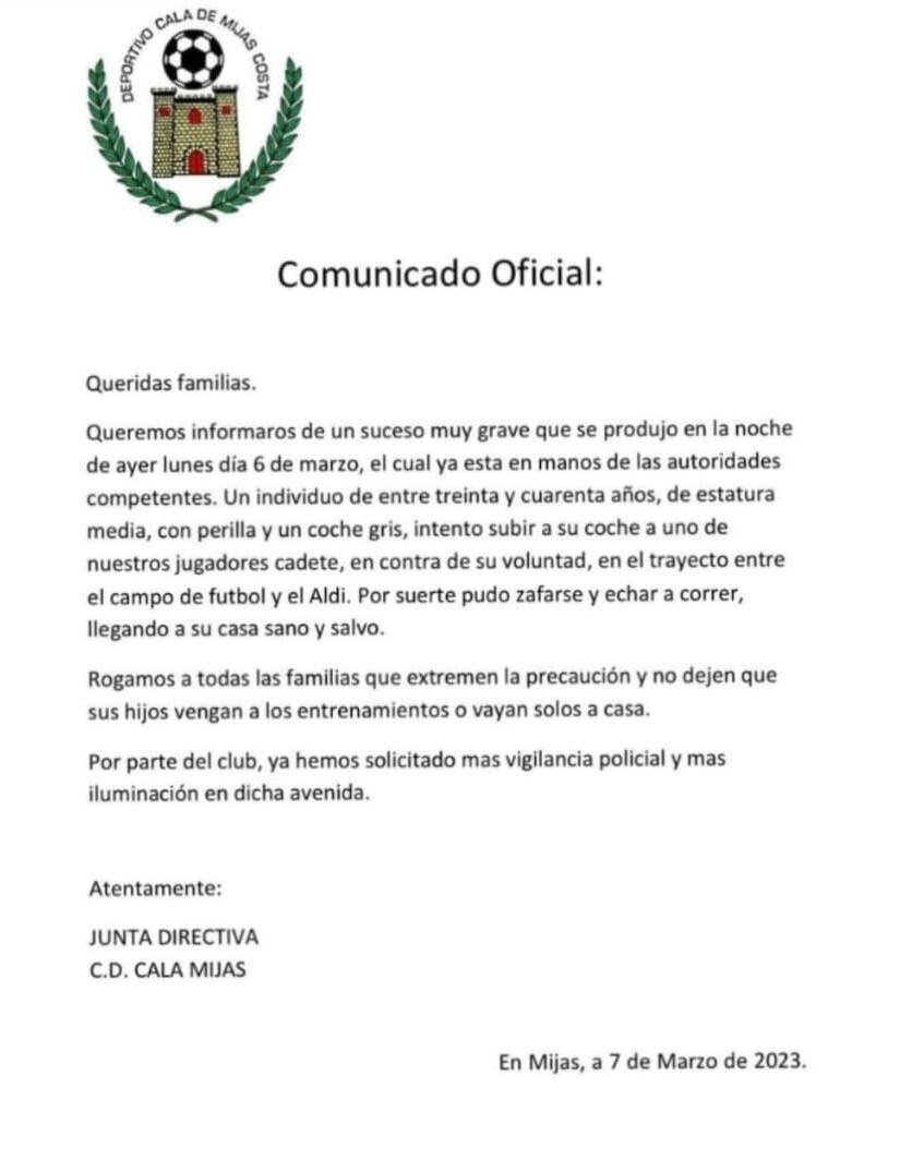 Comunicado del Club Deportivo Cala de Mijas Costa