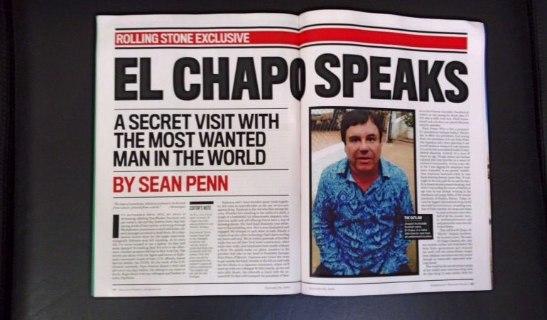 Imagen de la revista Rollings Stones que muestra la entrevista que el actor estadounidense Sean Penn realizó en octubre del pasado año al entonces prófugo narcotraficante mexicano el Chapo &quot;Guzmán&quot;.