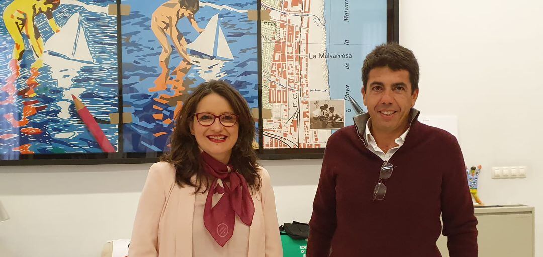 La vicepresidenta Mónica Oltra y el presidente de la Diputación, Carlos Mazón, en el encuentro que han mantenido esta mañana en Valencia para poner fecha a la Comisión Técnica para la coordinación de los servicios sociales.