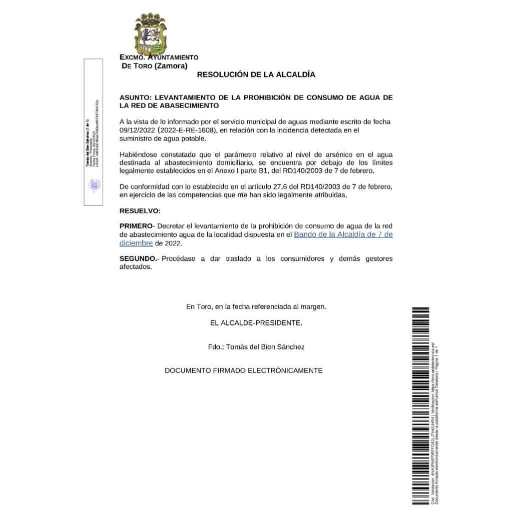 El Ayuntamiento de Toro levanta la prohibición de consumo de agua de la red municipal