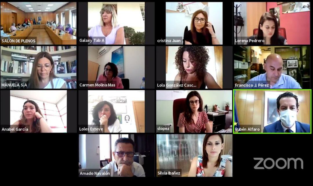 Concejales en el salón de plenos y participando de manera telemática en Elda