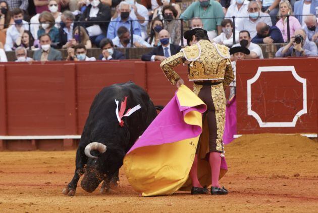 Juan Ortega, con el capote al segundo toro en el 7ª de abono de la feria de San Miguel