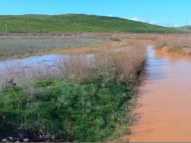 Entrada de agua de lluvia en el Vega del Jabalón, tras las últimas lluvias, en el pantano más seco de la cuenca del Guadiana