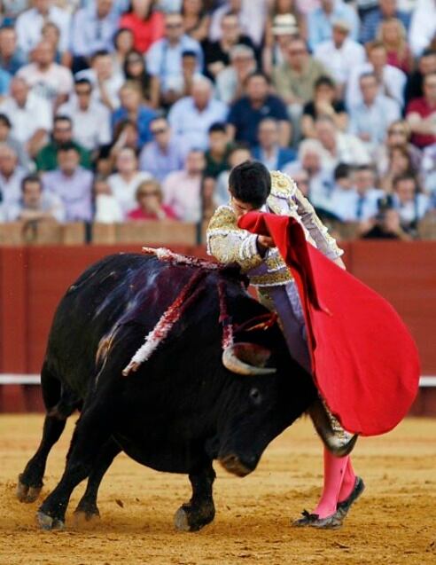 Alejandro Talavante, en un pase por alto durante su actuación esta tarde en la Real Maestranza de Caballería de Sevilla.