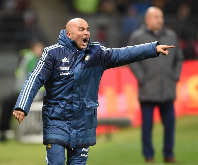 Jorge Sampaoli durante el amistoso entre Argentina y Rusia. 