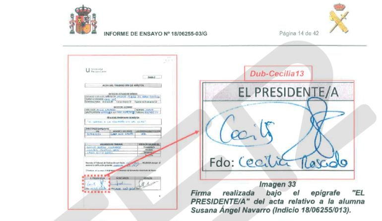 Imagen del informe pericial de la Guardia Civil realizado a la profesora Cecilia Rosado