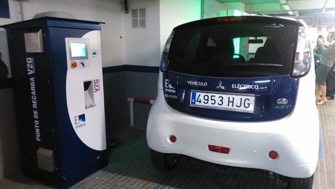Un cotxe al costat d'un carregador bidireccional al pàrking per a vehicles elèctrics d'ENDESA
