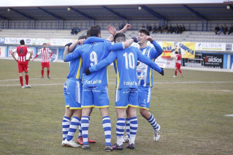 Los jugadores de la Arandina celebran un gol ante el Bembibre la pasada campaña
