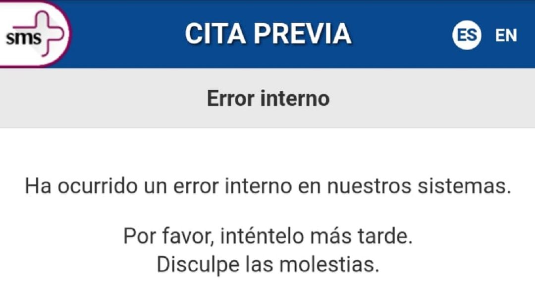 Imagen de erro en el sistema de la aplicación para solicitar la cita previa para vacunarse del coronavirus