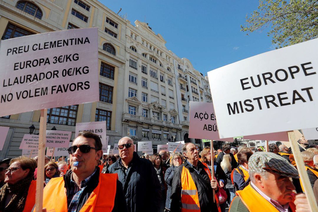 Centenares de citricultores y representantes de diferentes asociaciones y cooperativas agrícolas, sindicatos y partidos políticos, convocados por la Plataforma per la Dignitat del Llaurador, se han manifestado este domingo por las calles del centro de Valencia en defensa del futuro del sector citrícola.