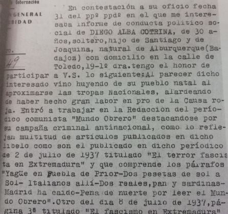 Expediente policial de DIEGO ALBA COTRINA, donde se le acusa de escribir en Mundo obrero &quot;una campaña criminal antinacional&quot;