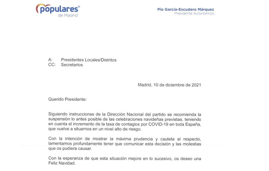 La carta enviada por el presidente del PP de Madrid, Pío García Escudero