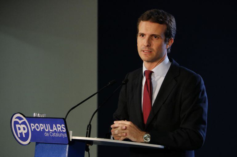 El presidente del PP, Pablo Casado, durante la rueda de prensa en Barcelona  