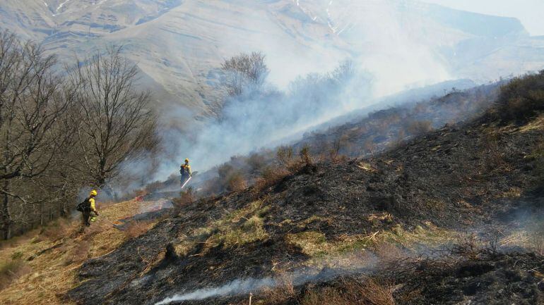 Imagen de la extinción de uno de los incendios forestales provocados de forma intencionada en Vega de Pas este jueves.