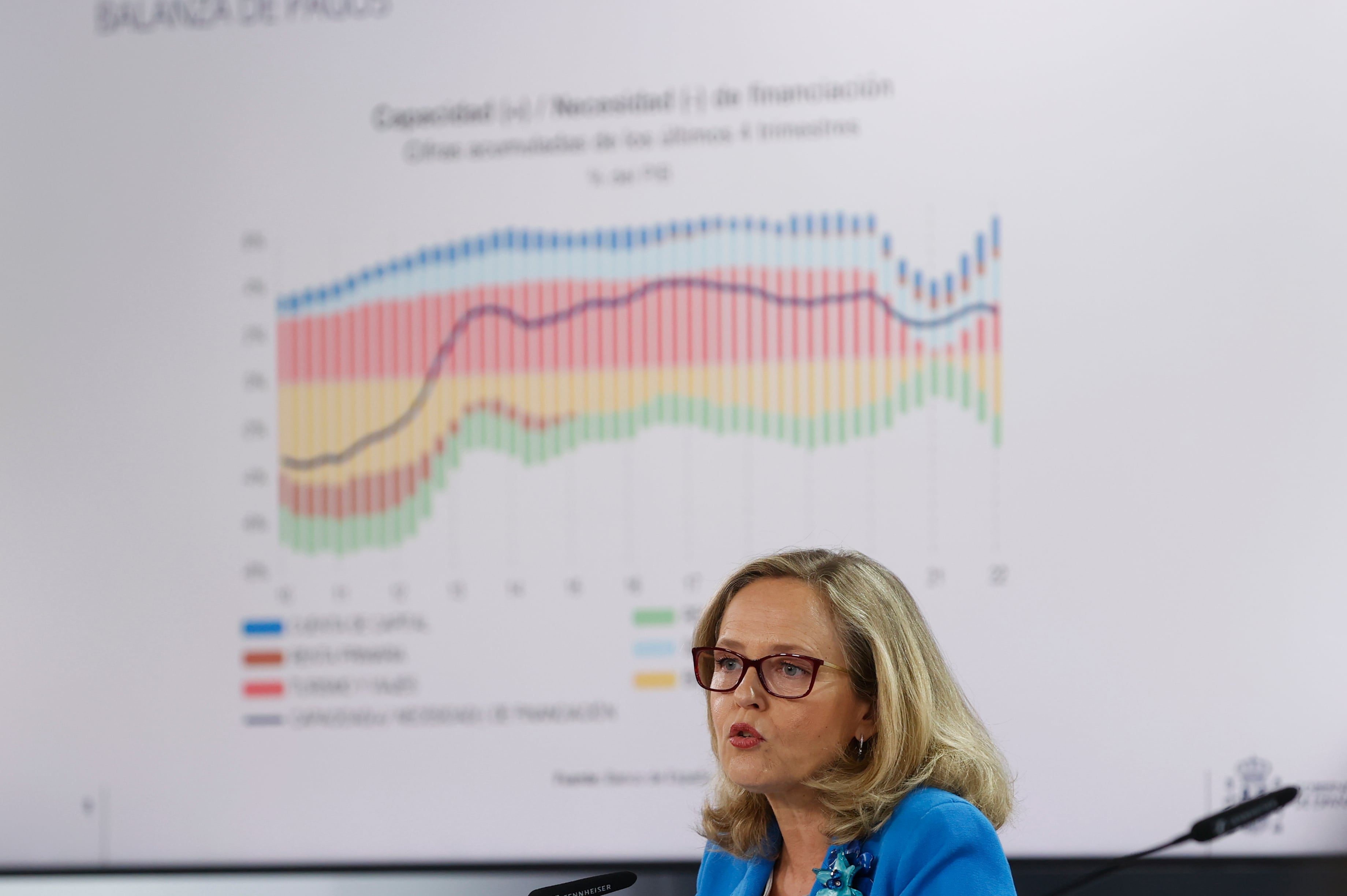 La Vicepresidenta primera y ministra de Asuntos Económicos y Transformación Digital, Nadia Calviño durante la rueda de prensa tras la reunión del Consejo de Ministros, este lunes en La Moncloa.