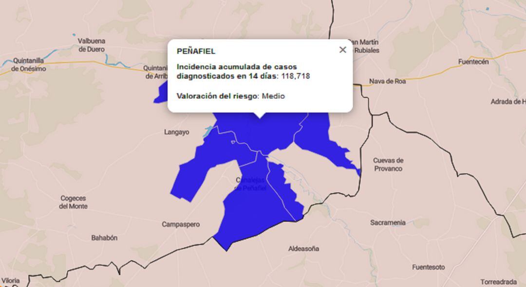 Mapa de la actual situación epidemiológica en Peñafiel.