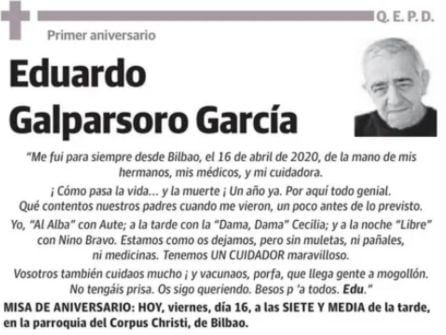 Esquela de Eduardo Galparsoro publicada en El Correo.