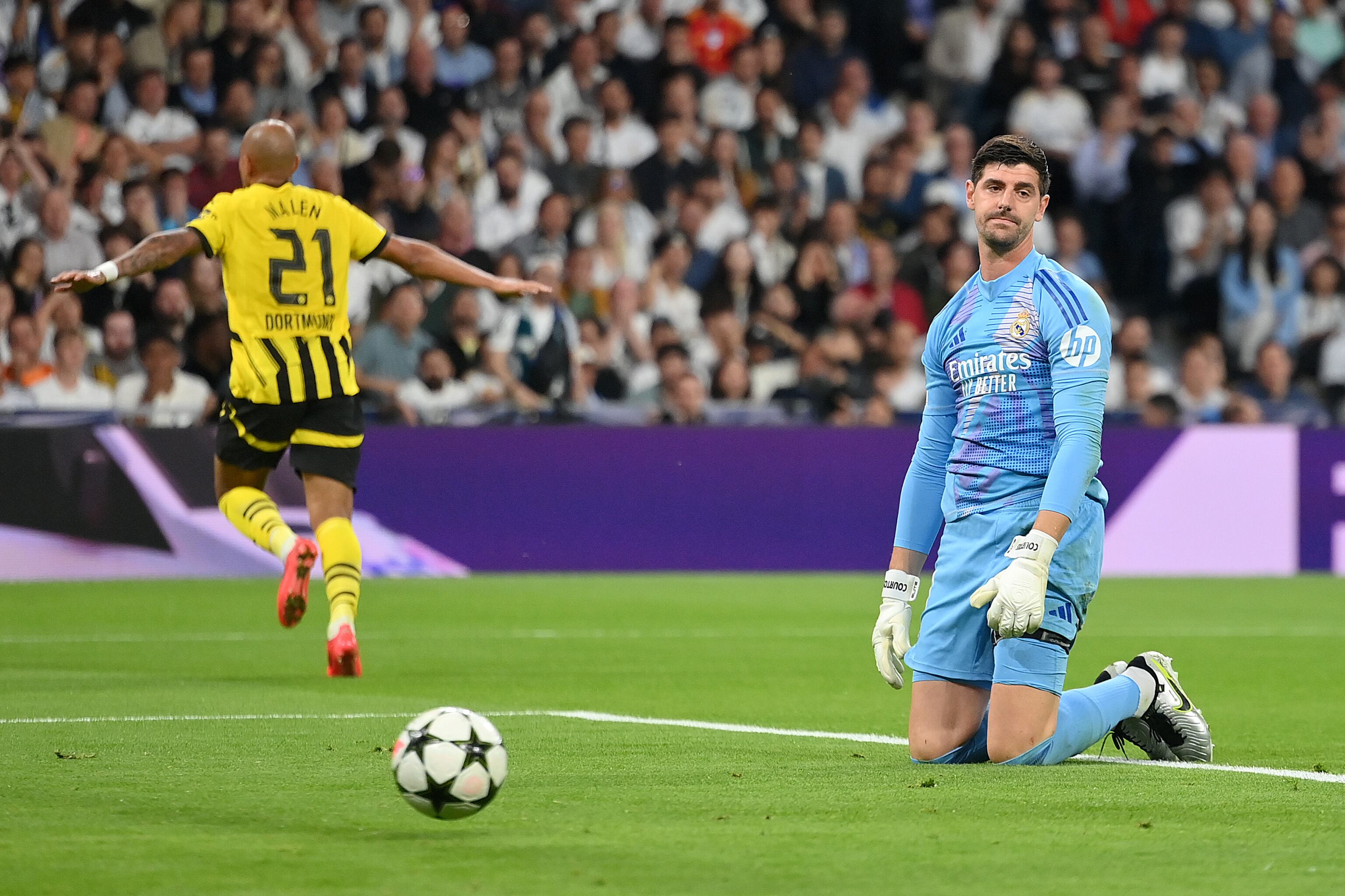 Thibaut Courtois lamenta el gol anotado por Donyell Malen