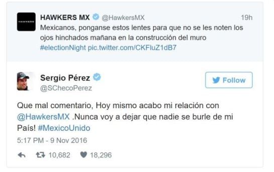 El tuit de Hawkers México y la reacción de Checo Pérez.