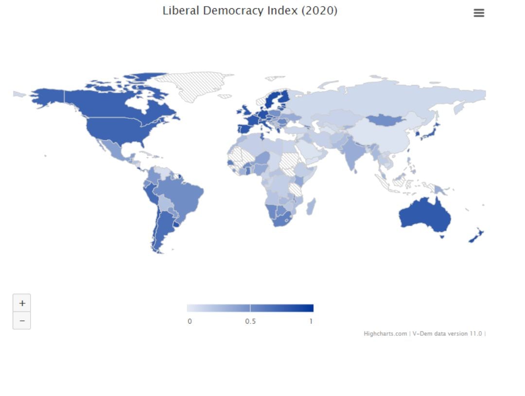 Mapa con la clasificación mundial de democracias liberales en 2020