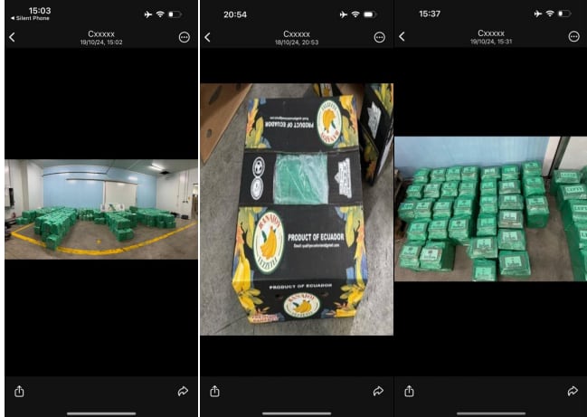 Capturas de pantalla de imágenes del alijo incautado en Algeciras enviadas por el exjefe de la UDEF al móvil del líder de la trama