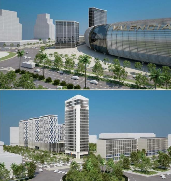 Recreación virtual del PAI de Mestalla vista desde el cruce de Aragón con Blasco Ibález y del terciario del nuevo estadio visto desde el cruce de Corts Valencianes con calle La safor