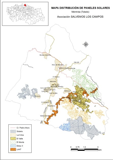 Mapa que muestra la ubicación de los proyectos de plantas solares aprobados en Méntrida, elaborado por la Plataforma &quot;Salvemos los Campos&quot;