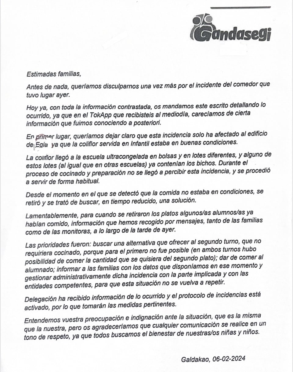 Comunicado del Colegio Gandasegi-Egia