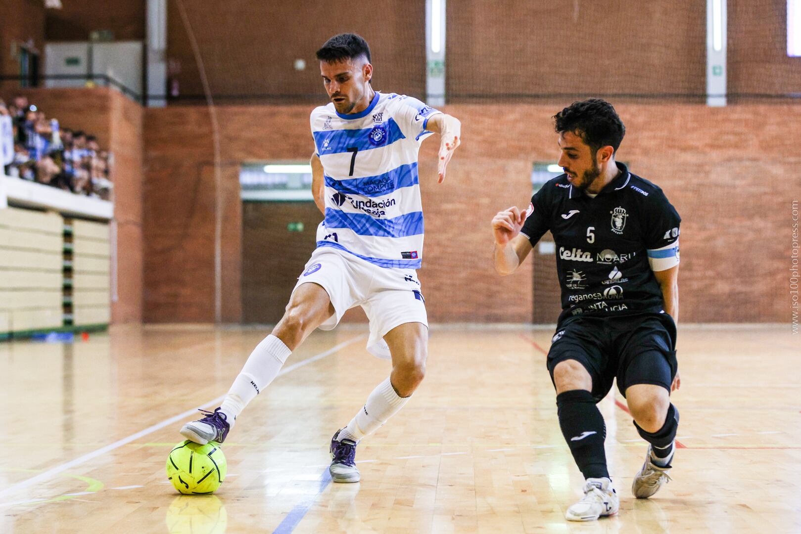 Iván Rumbo busca a un rival durante el Málaga Ciudad Redonda-O Parrulo de este viernes por el ascenso a Primera, que logran los ferrolanos tras cuatro años en Segunda (foto: Iso100 Photo Press / Málaga Ciudad Redonda FS)