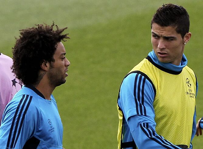 Marcelo, junto a Cristiano en el entrenamiento del Real Madrid