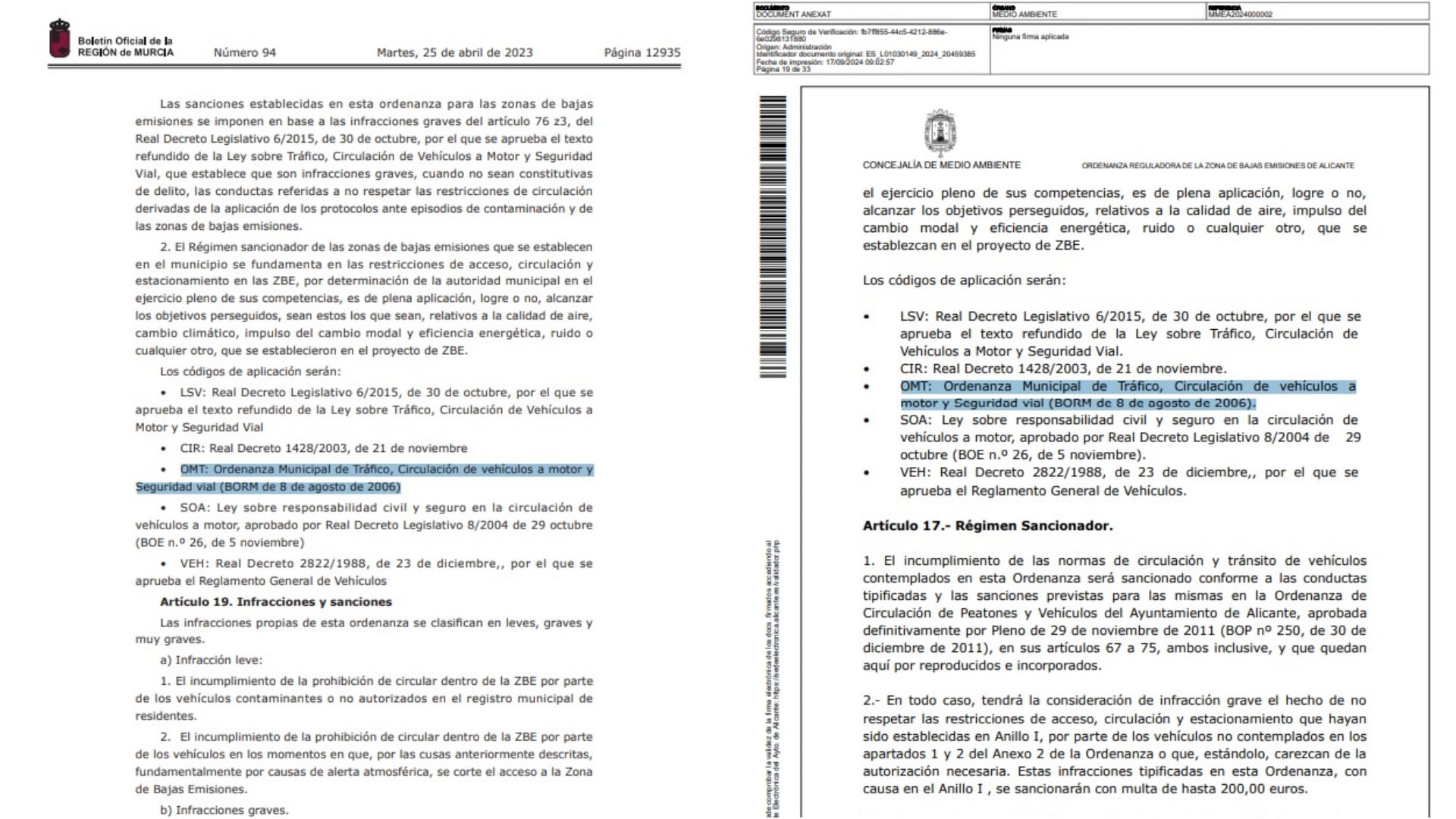 Comparativa de los textos de las ordenanzas que regulan las ZBE de Cartagena y Alicante