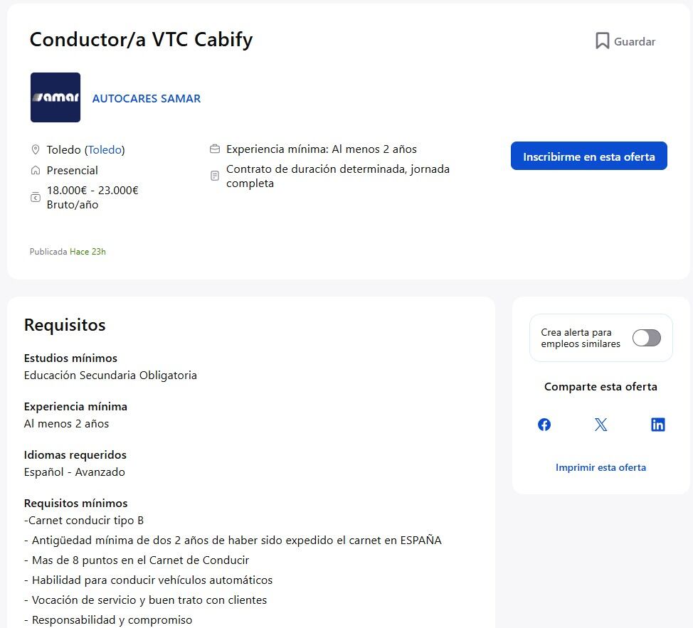 Oferta de empleo en la que se buscan conductores de VTC