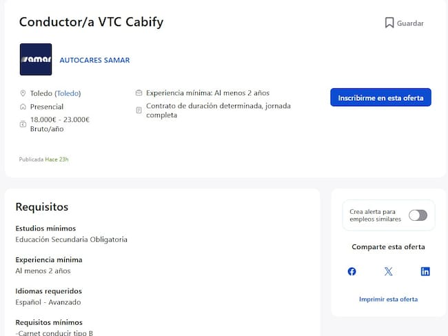 Oferta de empleo en la que se buscan conductores de VTC