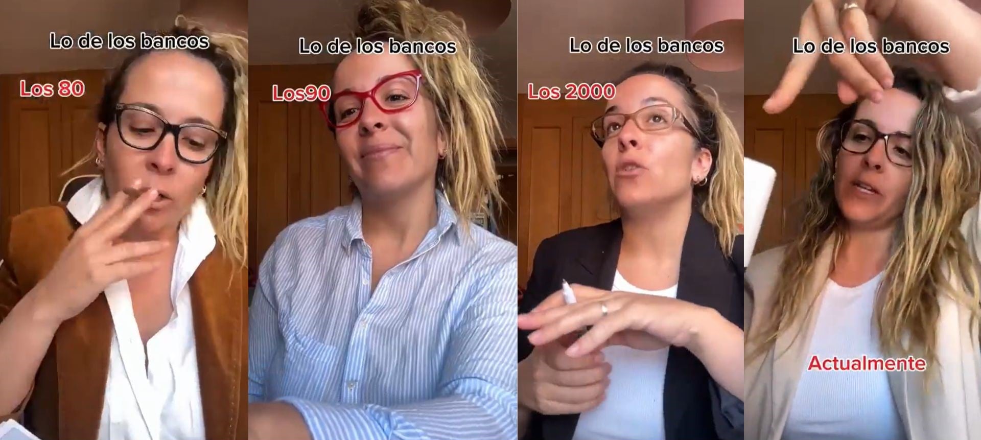 La &#039;tiktoker&#039; May Te durante un vídeo humorístico sobre la evolución de los bancos.